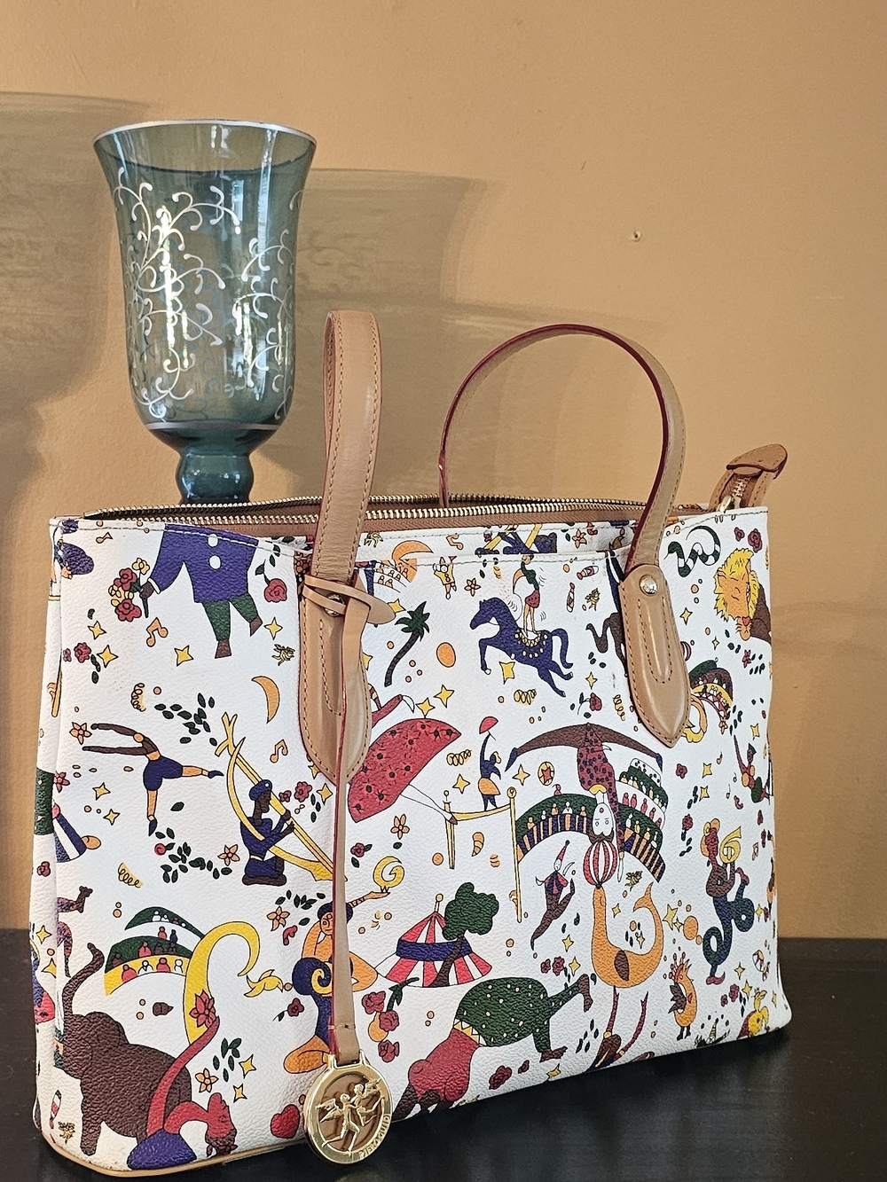 Piero Guidi White Magic Circus Print Handbag with Tan Handles